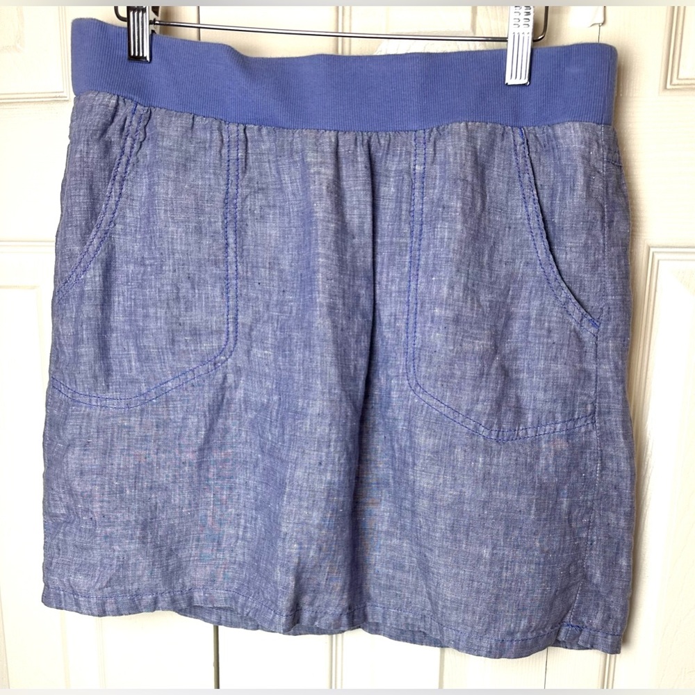 TOAD&CO Flip Top Lithe Skirt Dusty Indigo Blue Pull On 100% Linen Elastic Waist